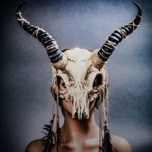 Horned Skull Mask with Feathers